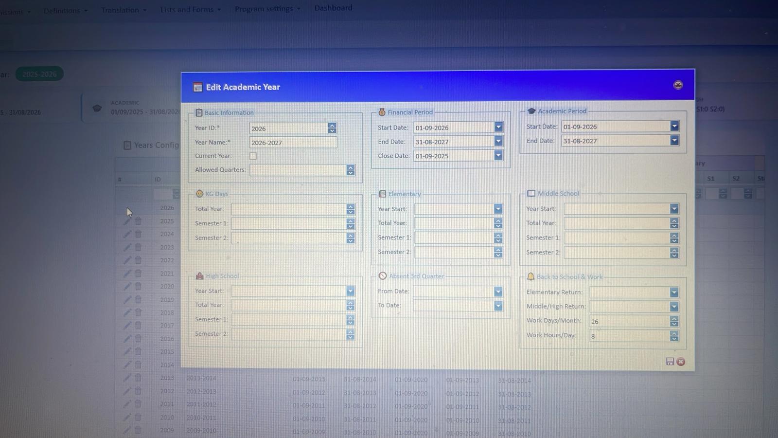 Academic Year Settings